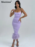 Feather Tassel Spaghetti Strap Backless Long Dress Women Summer New Sleeveless Backless Bodycon Club Party