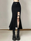 Women's Autumn New High Waist Slim Split Fishtail Skirt Ruffled Mid-Length Bag Hip Skirt Cotton Fashion Casual Skirt Female