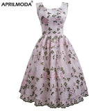 Embroidery Lace Dress Sexy Sleeveless A-Line Party Casual Swing Pink Jurken Mesh Vintage Women Formal