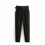 Solid Women Suit Pants Office Lady Empire Waist Belt Trousers Elagant Sashes Casual Chic