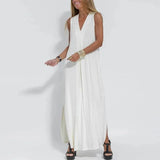 Office Lady Side Split Party Dress Casual Pleated Solid Robe Dress 2023 Women Fashion V-Neck Sleeveless Long Dress