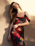 Boho Print Cold Shoulder Vacation Beach Dress Women Summer Clothes Sexy See Through Spaghetti Strap Club Party Dress