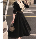 2 Piece Dress Set Women Long Sleeve Crop Tops + Casual Black Midi Skirt 2022 Autumn Slim Retro Office Lady Korean