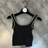 2022 Summer New Arrival Sleeveless Metal Chain Square Collar Slim Knitting Tank Top Women Vest