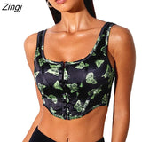 Women's Summer Streetwear Crop Top Sleeveless Square Neck Central Single-Row Clasp Animal Print Tank