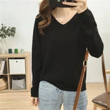 Autumn Basic Solid V-neck Knitting Pullover Ladies Elegant Fashion All-match Sweater Female Loose Casual Jumper Top