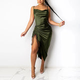 Satin Elegant Drawstring Midi Dress Women Sexy Strap High Split Skinny Dresses Summer Green Solid Backless