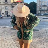 Vintage Geometry V-Neck Green Cardigan Women 2021 Single Breasted Long Sleeve Winter Knitted Sweaters Chic