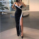 Women Elegant Glamourous Strapless Detail Sequins Patchwork Bodycon Maxi High Silt Sexy Formal Party