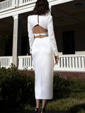 Winter Long Sleeve Maxi Bandage Dress Sexy White V-Neck Hollow Out Diamond Button Dress Evening Club Celebrity Party