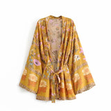 Queens Women Floral Print Sashes Bat Sleeve Beach Bohemian Kimono Dresses Ladies V Neck Summer Bikini Boho