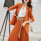 Blazer With Belt + Midi Pleated Skirt Women 2 Piece Set Office Vintage Office Lady Long Sleeve Suit Jacket Chic Skirt