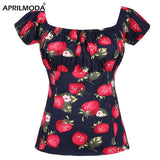 Short Sleeve Retro Vintage Women Blouse Strawberry Printed Sexy Slash Neck Cotton Office Chic 2022 Shirts for