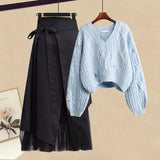 Women Winter Patchwork Long Sleeve Knitted Tops + Asymmetric Skirt 2 Piece Suit Female Party Elegant Two Piece