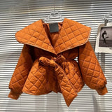 2022 Winter New Collection Sailor Collar Plaid Belt Slim Waist Cotton Coat Women