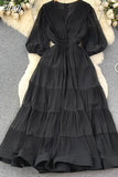 Vintage Women Pleated Long Dress Elegant V-Neck Puff Short Sleeve High Waist A-Line Ruffle Draped Big Swing Maxi Robe