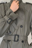 Spring Autumn Long Gray Pu Leather Trench Coat for Women Raglan Sleeve Belt Runway Luxury Designer European Fashion