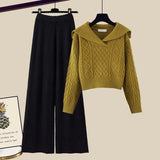 Winter Thick Knit Two Piece Sets Women Outfits Ladies Elegant Twist Knitted Sweater And Wide Leg Pant Sets Women