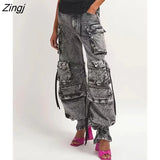 Fashion Women's Jeans Solid Color High Waist Straight Multiple Pockets Denim Cargo Pants Female Autumn 2023 New