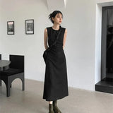 Hollow Out Dress Women Elegant Solid Sleeveless A Line Midi Dresses Summer Korean Drawstring Backless Sundress