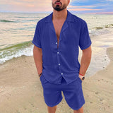 Men's Summer Casual Loose Two Piece Sets Beach Solid Cotton Linen Man Suit Short Sleeve Button Shirt And Shorts Office