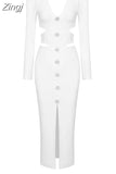Winter Long Sleeve Maxi Bandage Dress Sexy White V-Neck Hollow Out Diamond Button Dress Evening Club Celebrity Party