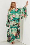 Queens Vintage green Crane Floral Print Sashes Women bohemian V Neck batwing Sleeves happie robe Kimono