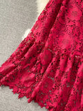 Hollow Out Lace Long Dress Women Sexy O-Neck Short Sleeve High Waist A-Line Vacation Beach Vestidos Female With Belt