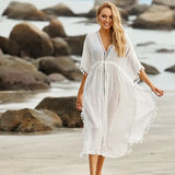 Sexy Hollow Out White Summer Dress Beach Tunic Women Beachwear Long Sleeve Front Open Self Belted Maxi Dresses