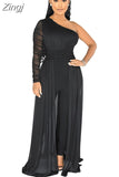 Women Fashion Elegant Casual One Shoulder Plain Sheer Mesh Jumpsuit Long Sleeve Chic Mesh Solid Elegance