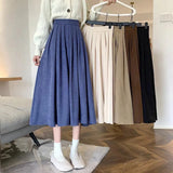 Chic Harajuku High Waist Elastic Pleated Skirt Women Elegant Preppy Style Y2k Skirt Autumn Winter Thick A-line Midi