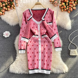 Autumn Women Knitted Dress 2 Piece Set Women Pink Printed Cardigan Coat + Chic Spaghetti Strap Bodycon Dresses