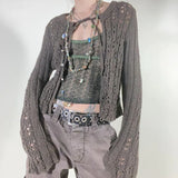 Y2K Fairy Grunge Bandage Long Sleeve Knitted Cardigans Goblincore Aesthetics O-neck Hollow Out Grey Sweaters Retro