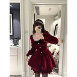 Vintage Red Mini Dress Women Y2K Bow Lace Patchwork A Line Dresses Christmas Party Sweet Korean Square Collar Vestidos