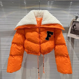 2022 Winter Long Sleeve Lambswool Sailor Collar Short Cotton Coat Women Drawstring Jacket