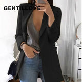 Women Autumn Solid Color Blazer Female Work Office Pocket Tweed Blazer Oversized Casual Slim Coat Fashion