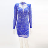 Sexy Blue Crystal Mesh Patchwork Mini Dress Women Long Sleeve Hot Drilling Bodycon Birthday Party Clubwear