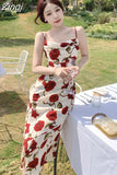 Slash Neck Spaghetti Strap Rose Floral Chiffon Midi Dress for Women Party Elegant Bodycon Beach Robe Vestidos Summer