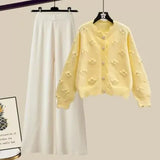 Winter Knit Sets Womens Outfits Korean Sweet Floral Knitted Cardigan And Wide Leg Pants Sets Ladies Elegant Knitting