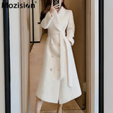 Notched Collar With Sashes Woolen Coat Women Solid Double Breasted Mid-length Overcoat Ladies High Street Wool
