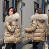 Women Winter Hooded Thick Short Jacket Solid Casual Glossy Warm Cotton Padded Parkas Fur Collar Winter Coat