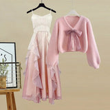 Two Piece Sets Womens Sweet Outfit For Women Temperament Pink Knitted Sweater+ Ruffles Patchwork Straped Fairy Dress