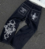 Y2k Hip Hop Cartoon Graphic Print Vintage Baggy Jeans Black Pants Men Women High Waist Wide Leg