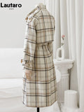 Autumn Winter Long Loose Warm Plaid Wool Blends Trench Coat for Women Raglan Sleeve Belt Double Breasted Woolen