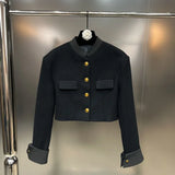 2022 Autumn Winter Stand Collar Single Breasted Buttons Slim Black Short Woolen Coat Women Jacket