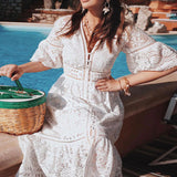 Queens Women Solid Half Sleeve Beach Sexy Hollow Out Bohemian Midi Dress Ladies V-neck Boho Sundress