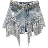 Spring Summer New Elegant Shorts Lady Tassel Beading High Waist Wide Leg Denim Shorts Female Casual Solid