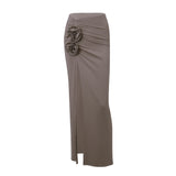 Zingj Women's Fall 2023 New French Temperament High Waist Slit Pleated Flowers Decorative Half