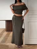 Ribbed Off-Shoulder Top And Maxi Skirt Set- Outfit
