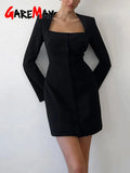 Women's Elegant Dresses Long Sleeve Square Neck Sexy Mini Dress Black Bodycon Short Vintage Tight Bandage Dresses